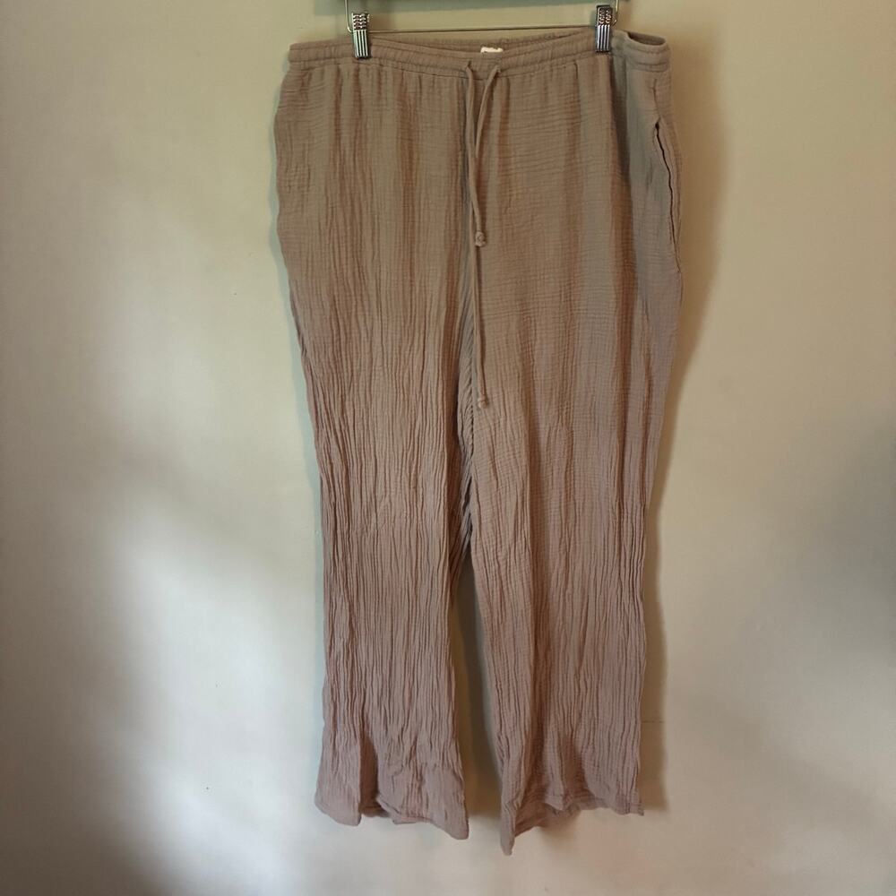 True Pants Womens XL Beige Taupe Crinkle Gauze Cotton Pull On Wide Leg Casual